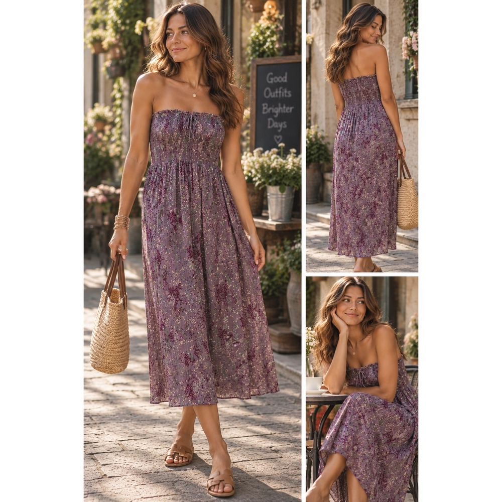 Kimchi Blue Purple Floral Smocked Strapless Midi Dress XS